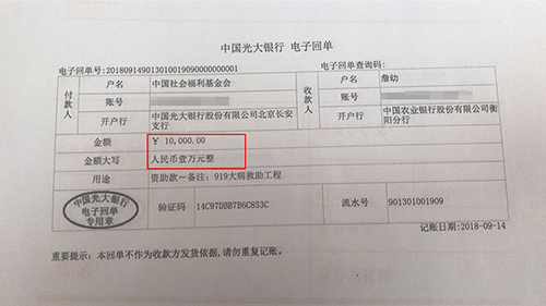 （银行汇款电子回单）经中国社会福利基金会审核完毕，确认詹幼符合本次